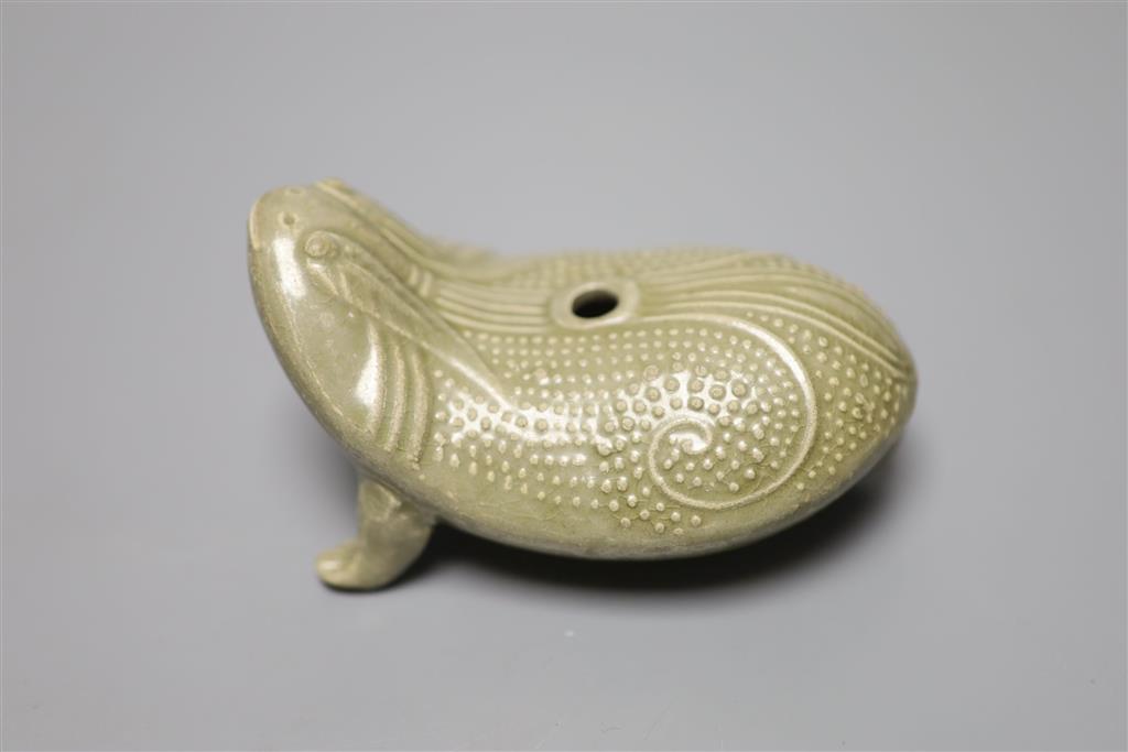 A Chinese Longquan celadon three legged toad water dropper, length 11cm